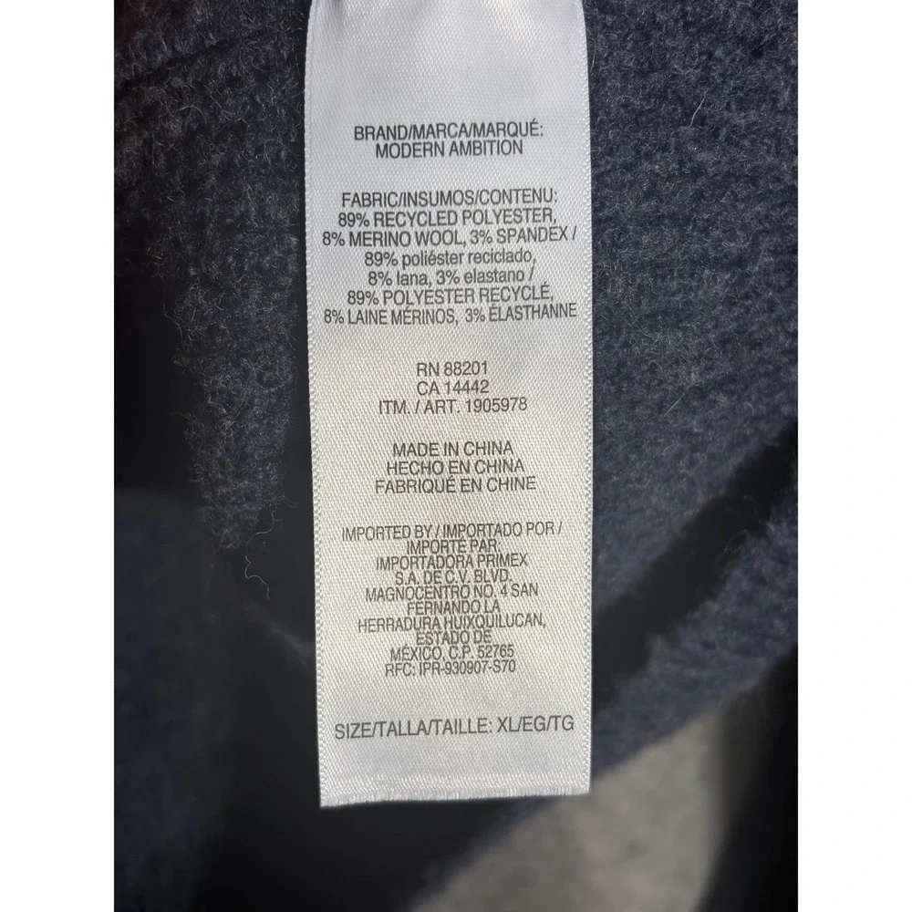 Modern Ambition Mens XL Quarter Zip Sweater Blue Merino Wool Blend Ribbed Knit‎